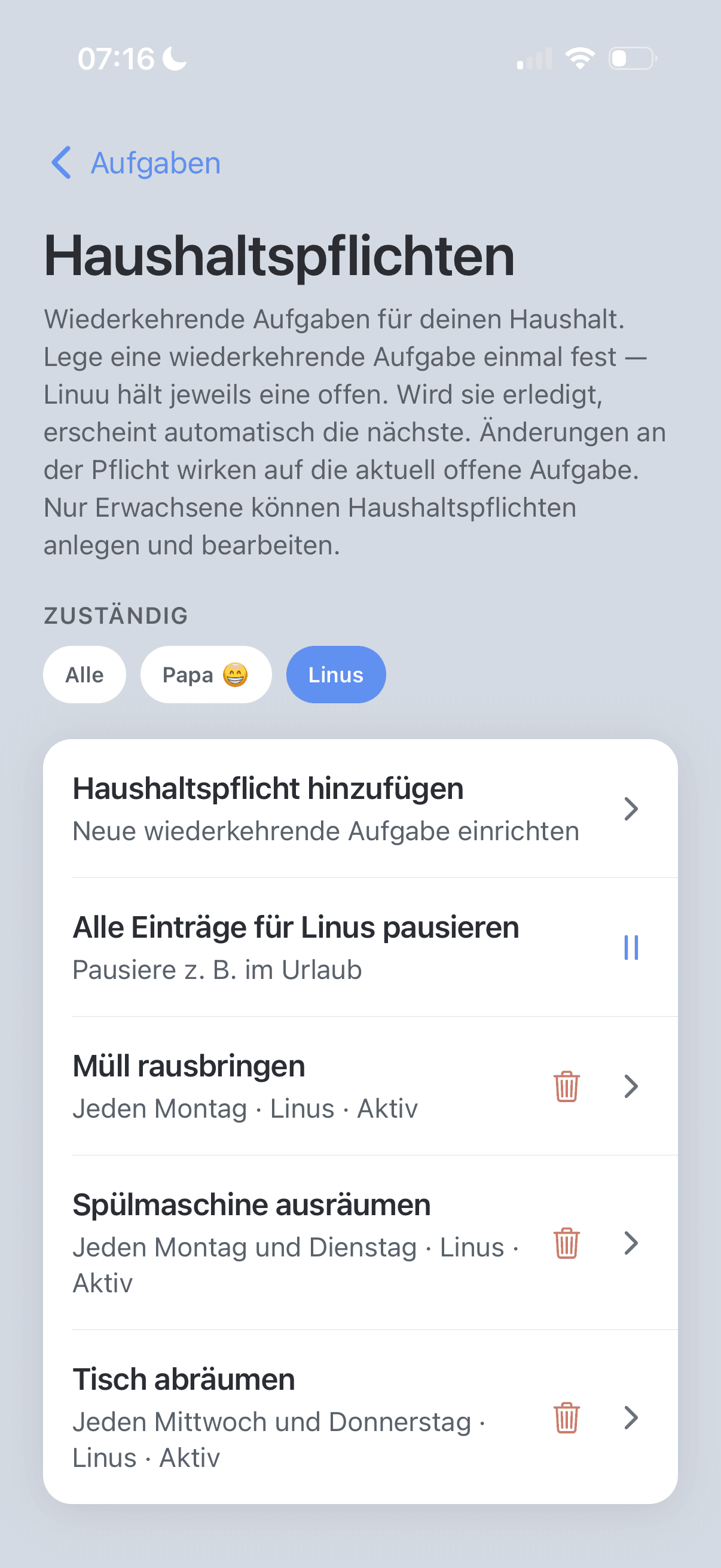 Linuu Haushaltspflichten: Aufgaben klar verteilt — wer ist heute dran?